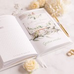 Planer ślubny z personalizowaną okładką. Na niej widnieje kwiatowa grafika oraz różowy kolor.