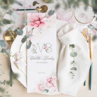 Winietka personalizowana na wesele. Wizytówka na stół weselny. Kolekcja Bukiet Ślubny w biało-różowej kolorystyce.