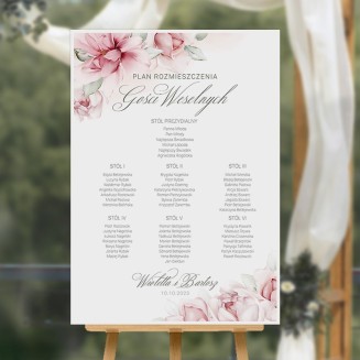 Personalizowany plan stołów na wesele. Ozdoba wnętrza sali weselnej. Motyw kwiatów z kolekcji Bukiet Ślubny.