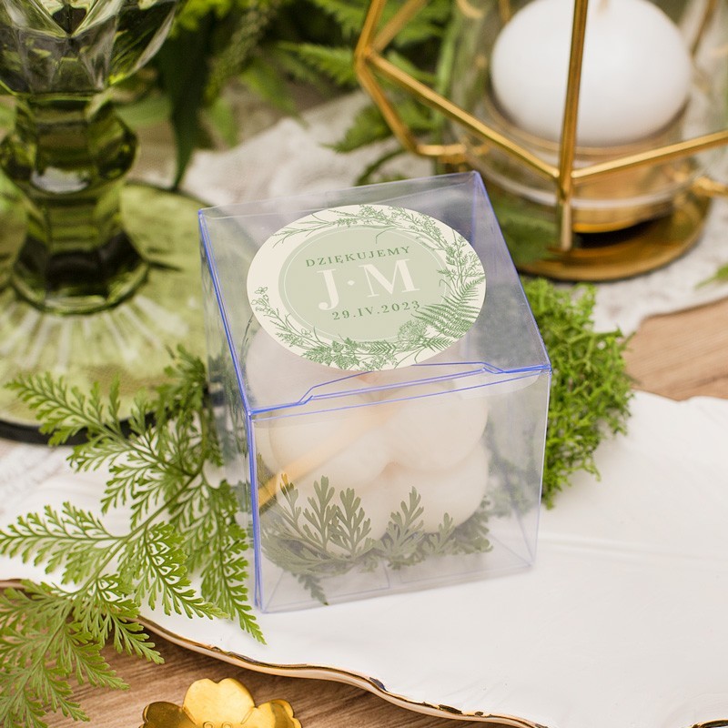 ŚWIECZKI sojowe dla gości weselnych Leśna Paproć (pudełka, etykiety) 10szt