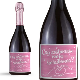 Różowa samoprzylepna etykieta na butelkę szampana lub prosecco z pytaniem do świadkowej