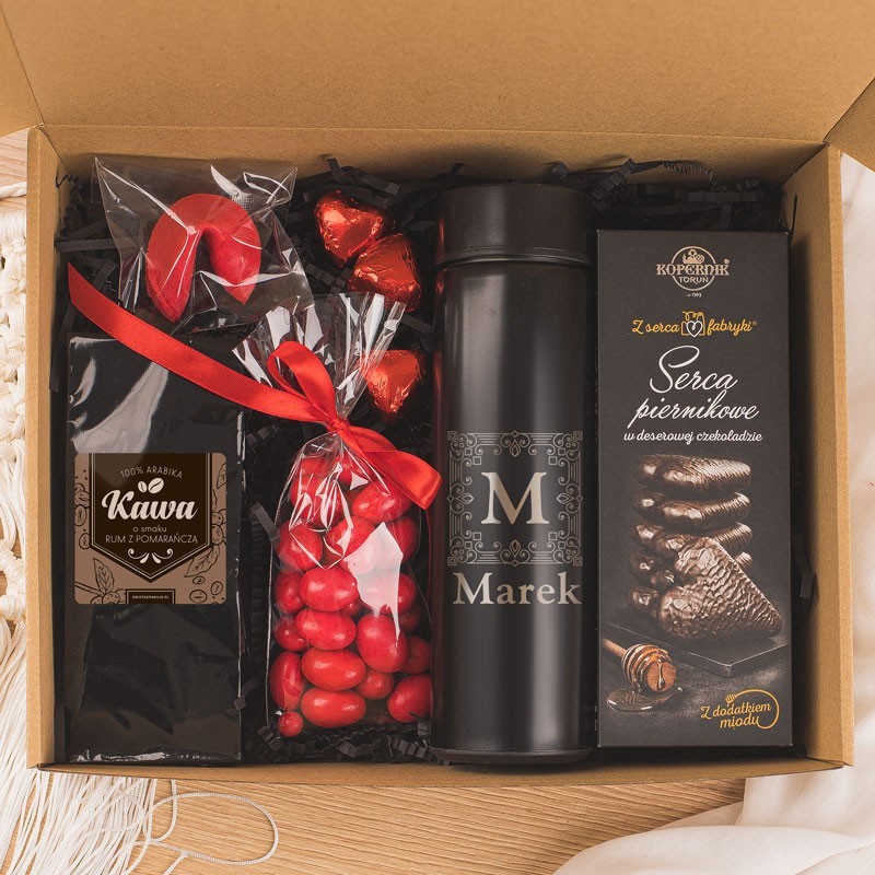 BOX z prezentami dla mężczyzny Termos kawa i słodkości