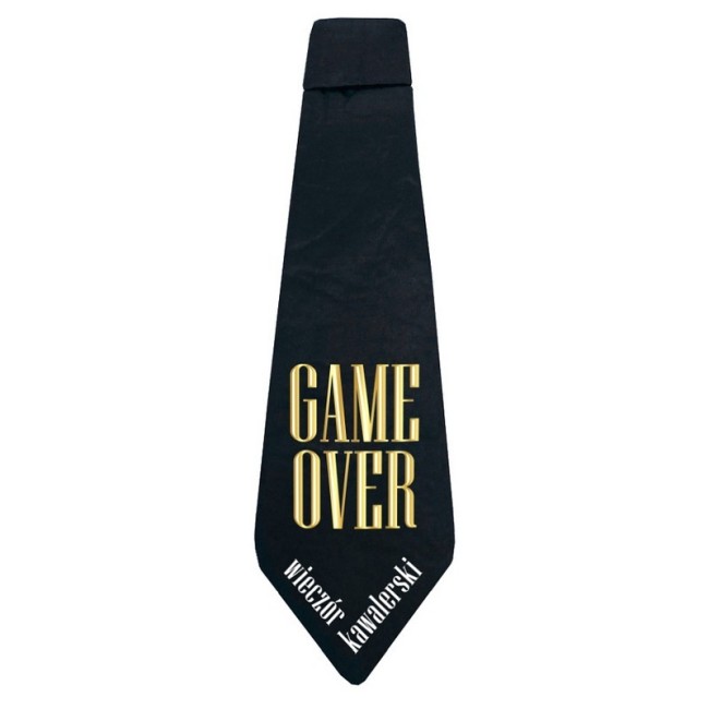 Krawat w czarnym kolorze ze złotym napisem game over. Gadżet na kawalerski.