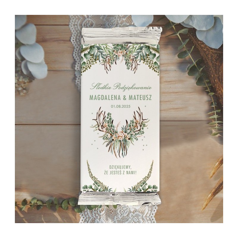 Tabliczka czekolady weselnej dla gości od młodej pary z personalizacją i grafiką z kolekcji Boho Wedding