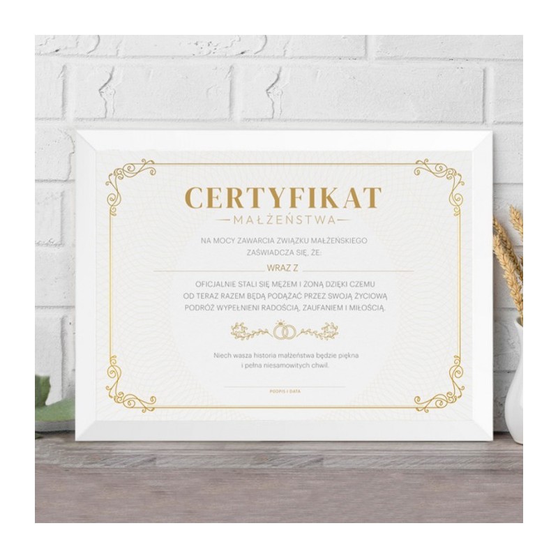 Certyfikat dla nowożeńców plakat w ramce do samodzielnego uzupełnienia
