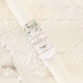 Personalizowana gromnica z kolekcji Białe kwiaty z imieniem dziecka, na łączony ślub ze chrztem