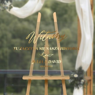Tablica powitanie na salę weselną ze złotymi napisami na akrylu
