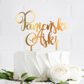 Lustrzany topper na tort w złotym kolorze z imieniem na panieński.