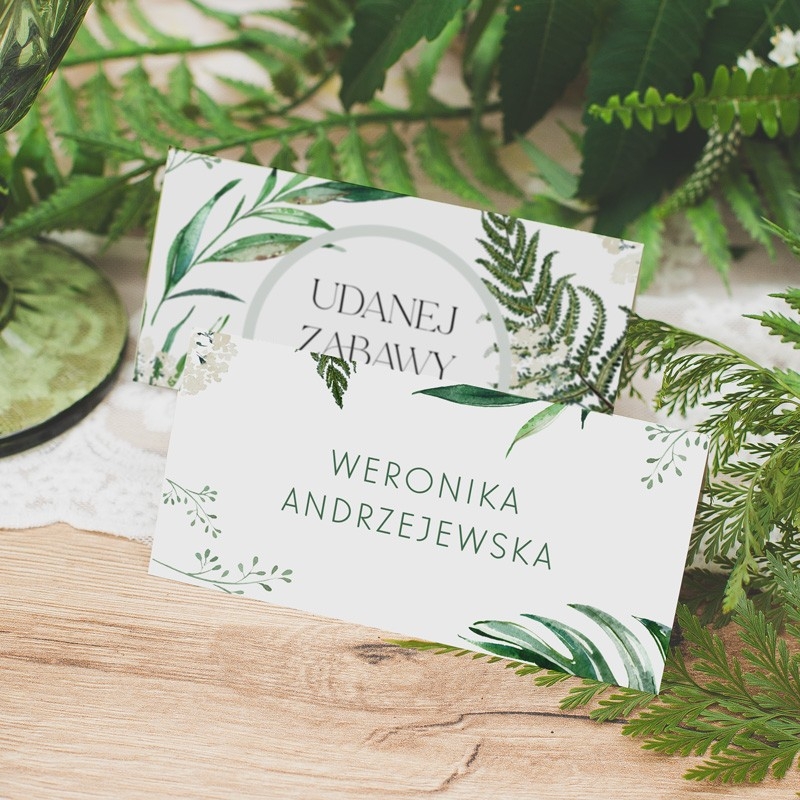 Winietka ślubna w botanicznym stylu. Wizytówka z nazwiskami gości.