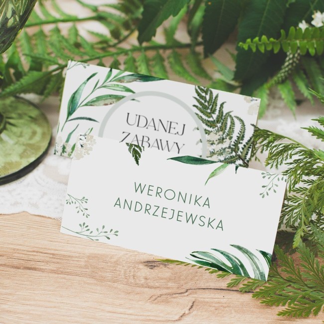 Winietka ślubna w botanicznym stylu. Wizytówka z nazwiskami gości.