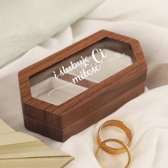 Szkatułka drewniana na obrączki z białym welurem i szklanym wieczkiem z napisem Ślubuję Ci miłość