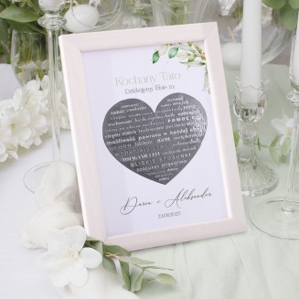 Personalizowany plakat ze srebrnym sercem. Idealne podziękowanie dla ukochanych rodziców na ślubie.