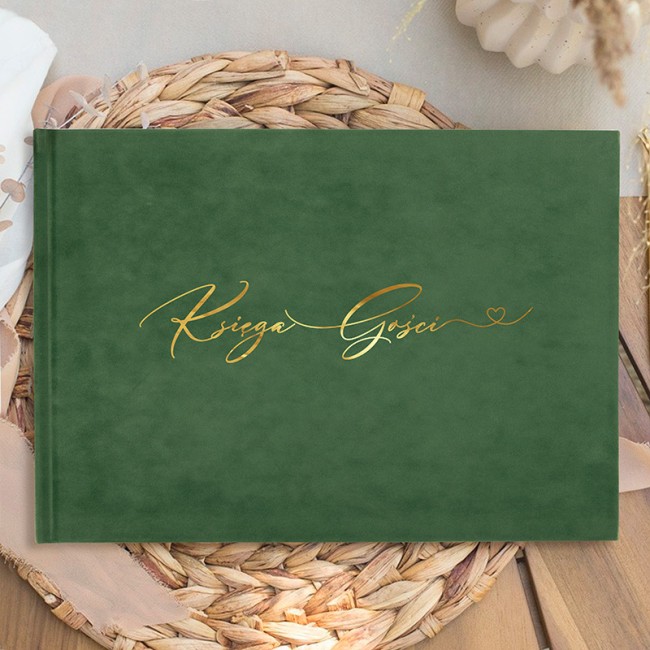 Piękny album na komunię, chrzest, wesele. Księga gości z okładką w butelkowej zieleni.