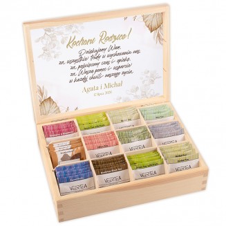 ZESTAW Herbat w Drewnianej Skrzyni Personalizowane Podziękowanie Dla Rodziców