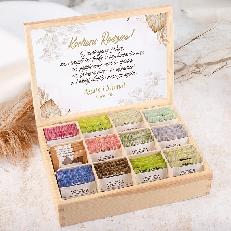ZESTAW Herbat w Drewnianej Skrzyni Personalizowane Podziękowanie Dla Rodziców