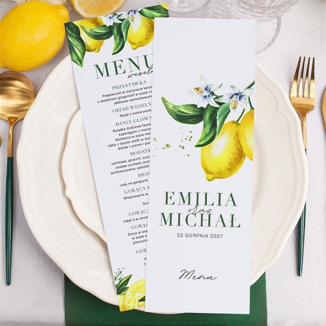 MENU weselne dwustronne z motywem kolekcji Słoneczna Cytryna