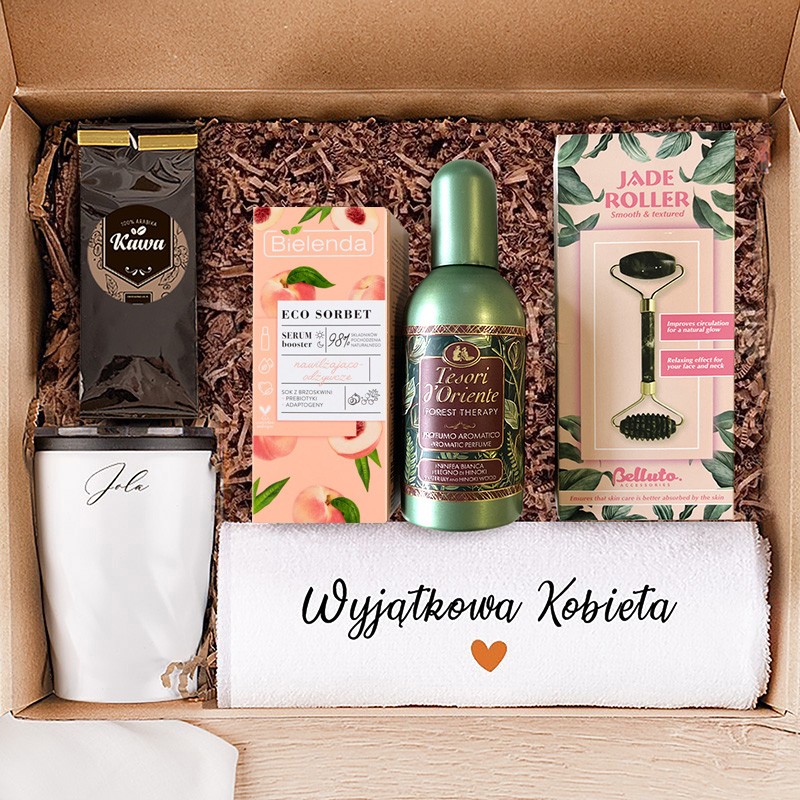 PREZENT dla bliskiej osoby Ekskluzywny zestaw z kubkiem kawą i kosmetykami