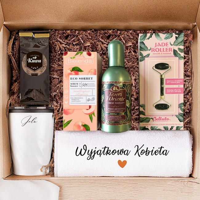 PREZENT dla bliskiej osoby Ekskluzywny zestaw z kubkiem kawą i kosmetykami