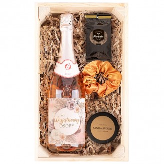 ZESTAW kobiecy  w drewnianej skrzyni Naturalne kosmetyki i szampan