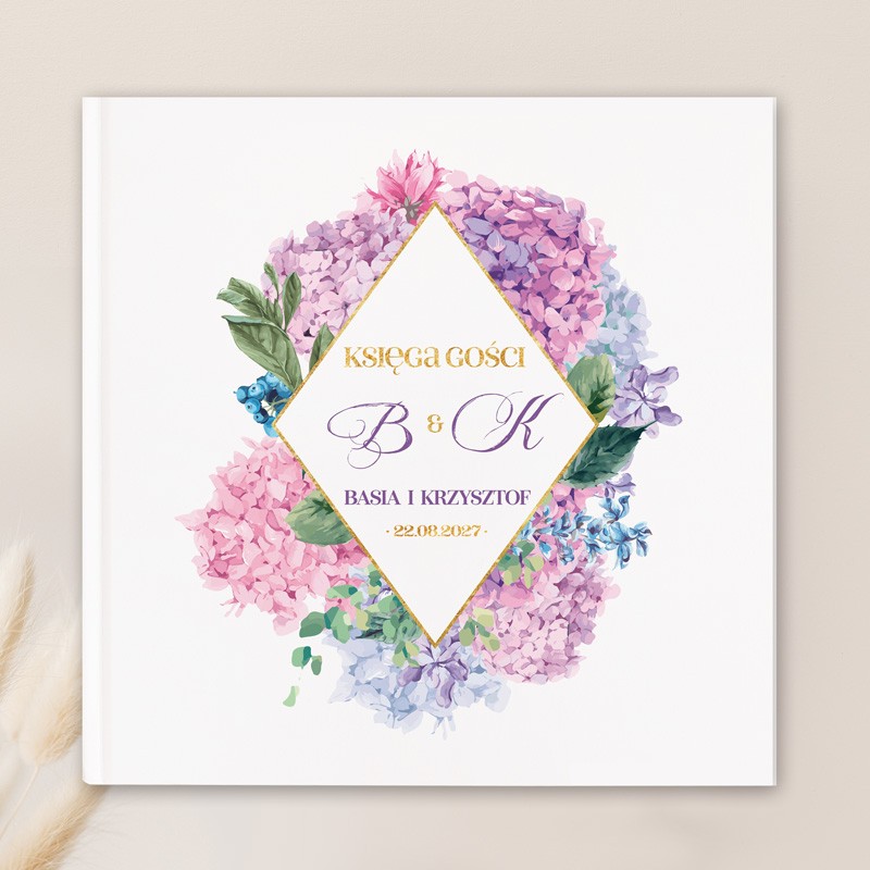 Księga gości z kwiatową grafiką hortensji. Piękny dodatek ślubny.