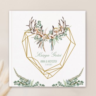 Księga gości weselnych z personalizowaną okładką i grafiką geometrycznego serca.