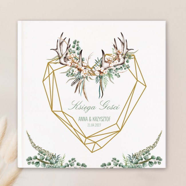 Księga gości weselnych z personalizowaną okładką i grafiką geometrycznego serca.