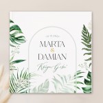 Księga na wpisy gości weselnych z imionami pary młodej i datą oraz zielonymi wzorami botanicznymi na okładce