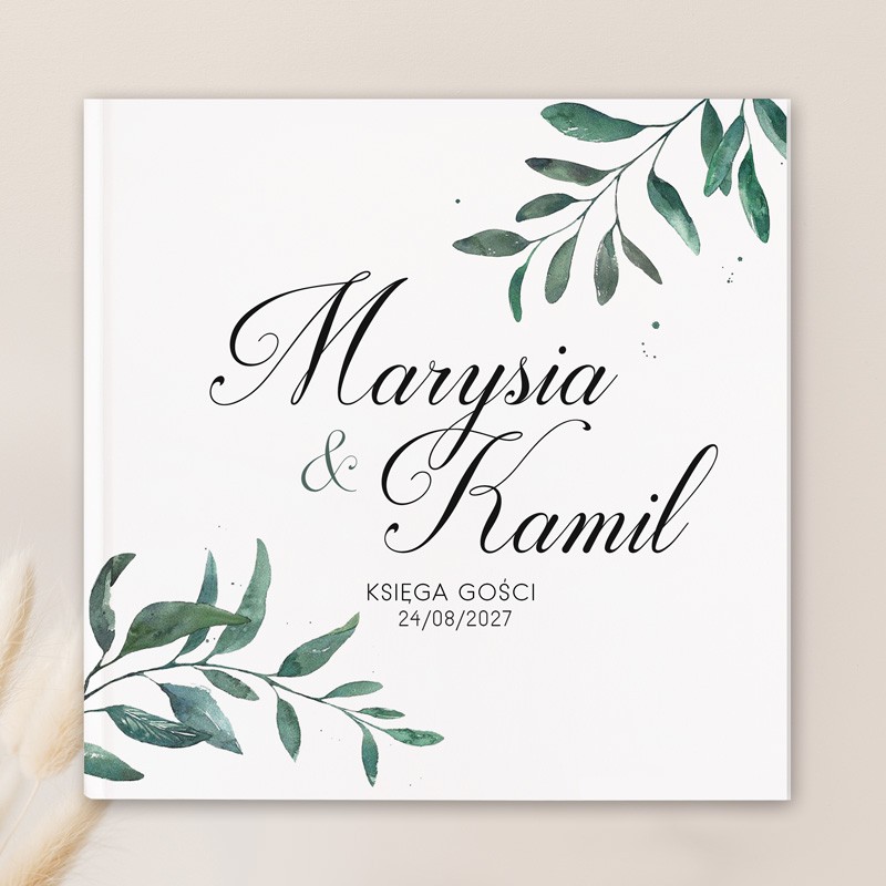 Personalizowana księga gości z motywem zielonych gałązek. Dodatek ślubny.