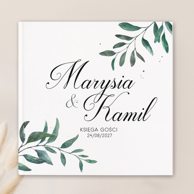 Personalizowana księga gości z motywem zielonych gałązek. Dodatek ślubny.