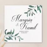 Personalizowana księga gości z motywem zielonych gałązek. Dodatek ślubny.