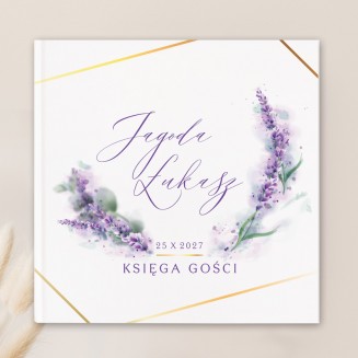 Personalizowana księga gości z motywem graficznym lawendy.