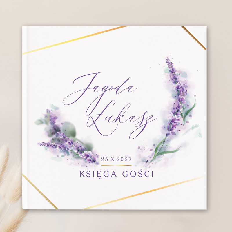 Personalizowana księga gości z motywem graficznym lawendy.