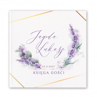 Personalizowana księga gości posiada motyw lawendy na okładce.