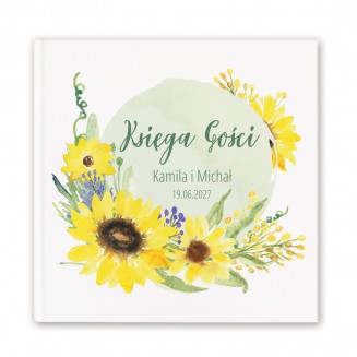 Personalizowana księga gości posiada na okładce motyw słoneczników.