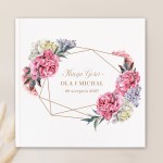 Personalizowana księga gości z geometryczną ramką i kwiatowym motywem piwonii.