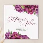 Księga gości z białymi kartkami i kwiatową grafiką fioletowych piwonii.