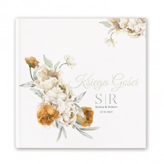 Personalizowana księga gości z kwiatowym motywem.
