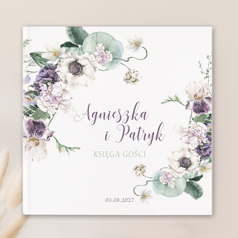 Księga gości z modnym wzorem graficznym. Z kolekcji Fioletowy Ślub.