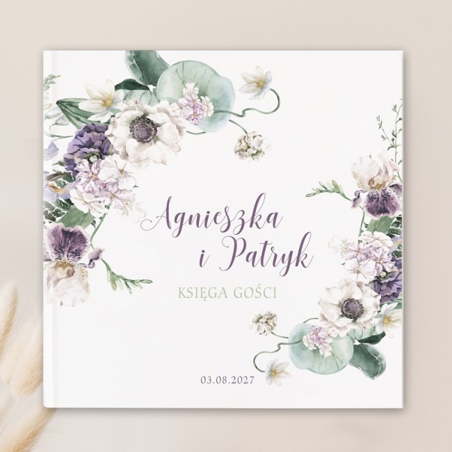 Księga gości z modnym wzorem graficznym. Z kolekcji Fioletowy Ślub.