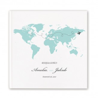 Personalizowana księga gości z białymi kartkami. Na okładce znajduje się grafika mapy.