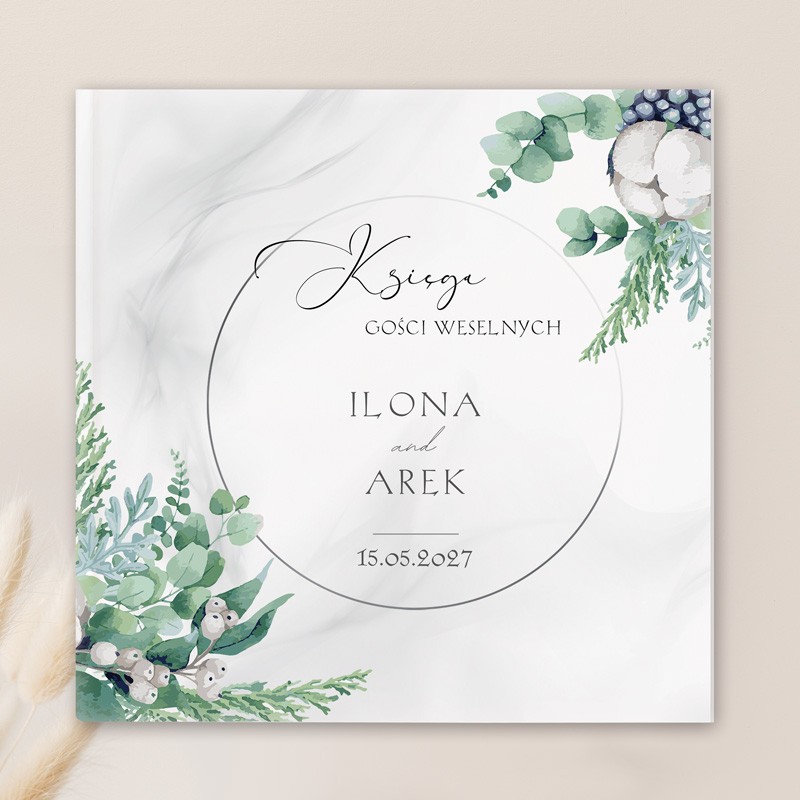 Księga gości weselnych w nowoczesnym stylu, udekorowana grafiką z kolekcji Magiczna. Idealna atrakcja na wesele dla gości.