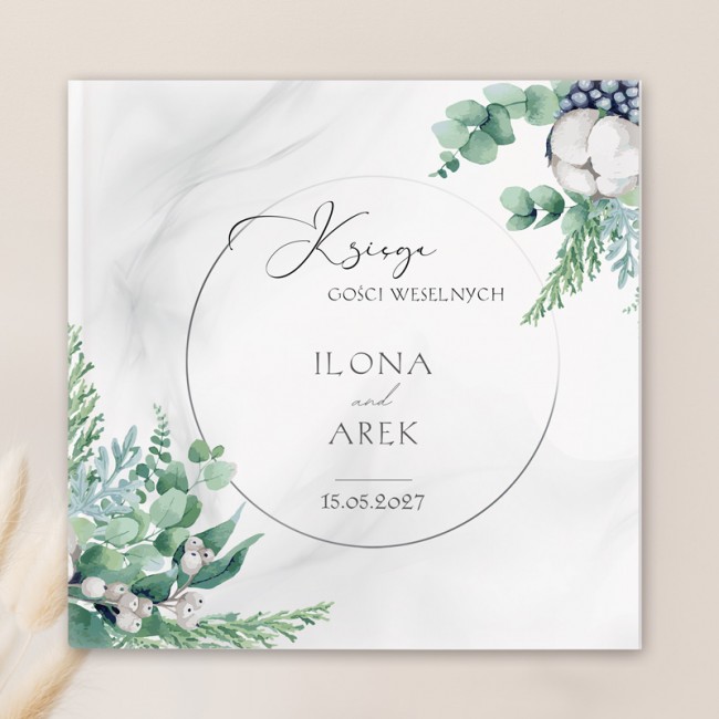 Księga gości weselnych w nowoczesnym stylu, udekorowana grafiką z kolekcji Magiczna. Idealna atrakcja na wesele dla gości.