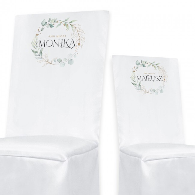 Pokrowce na krzesła ślubne z eukaliptusem
