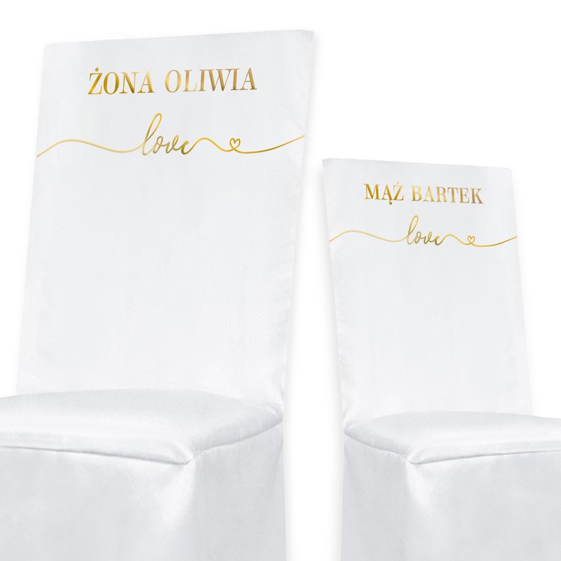 Pokrowce na krzesła ślubne ze złotym napisem