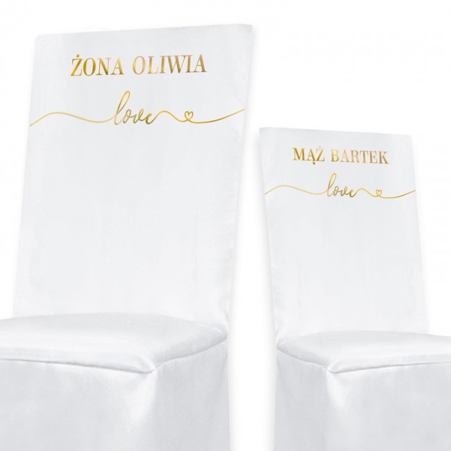 Pokrowce na krzesła ślubne ze złotym napisem