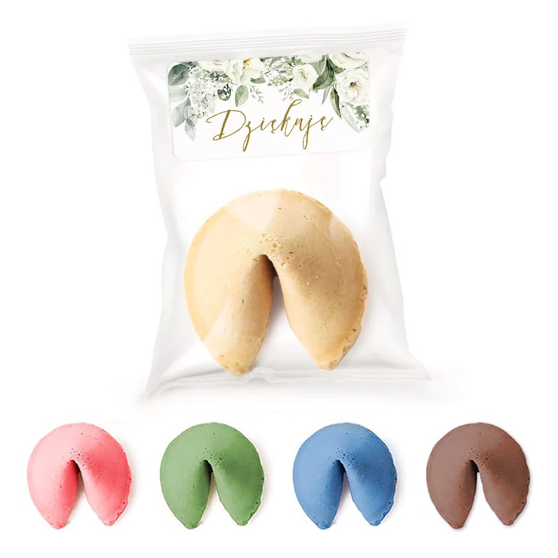 Ciasteczka z wróżbą w kolorze do wyboru. Zapakowane w celofanowy woreczek z etykietą Dziękuję.