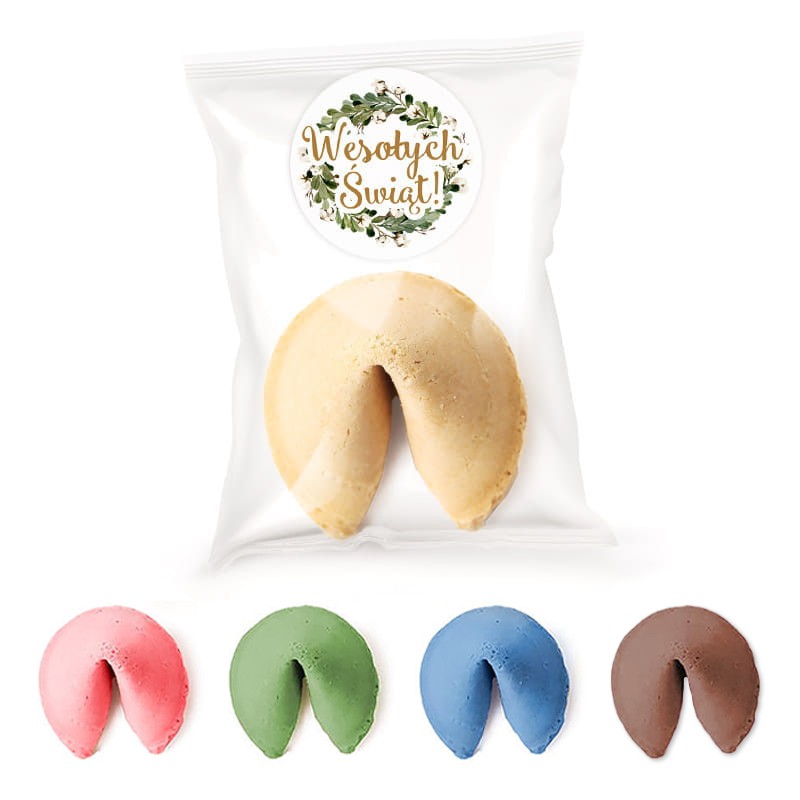 Ciasteczko świąteczne w kolorze do wyboru. Przezroczyste opakowanie z etykietą i wiankiem z jemioły.