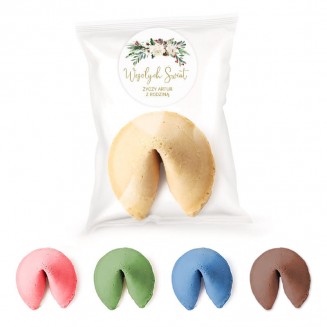 CIASTECZKO w kolorze do wyboru. Ciasteczko z wróżbą w celofanowym opakowaniu. Etykieta z życzeniami świątecznymi.