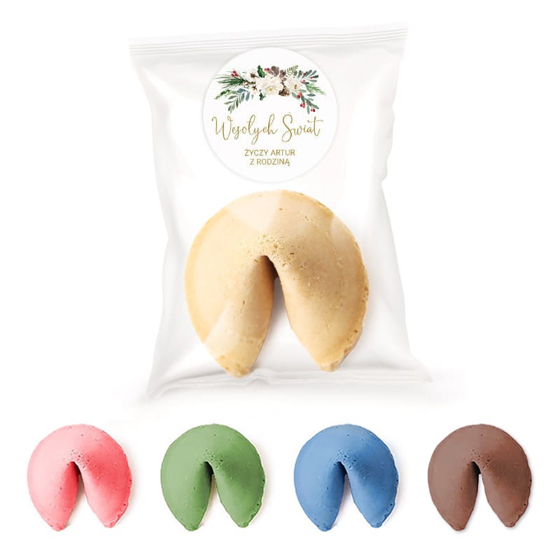 CIASTECZKO w kolorze do wyboru. Ciasteczko z wróżbą w celofanowym opakowaniu. Etykieta z życzeniami świątecznymi.