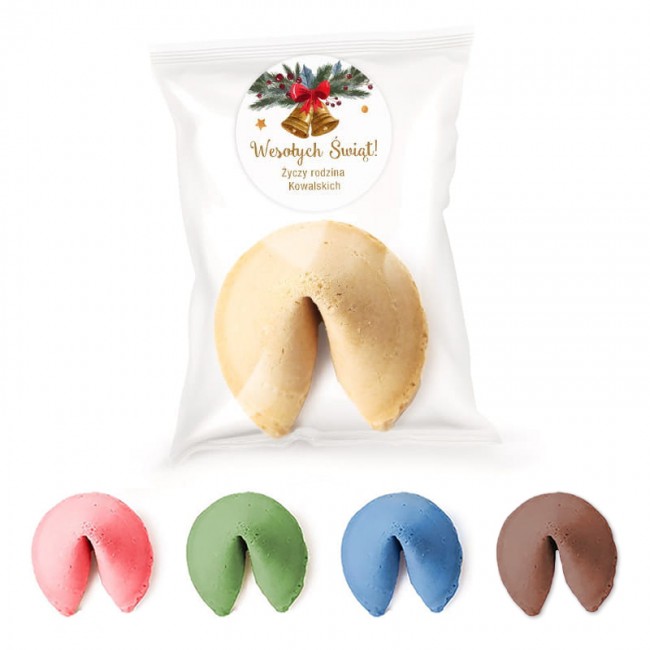 CIASTECZKO świąteczne z wróżbą. Etykieta z grafiką świąteczną z dzwoneczkami. Życzenia świąteczne.